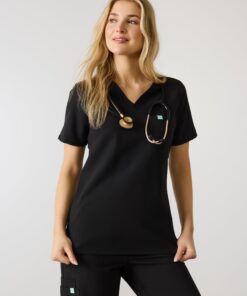 GABRIELLE RE-GARDE™ - BLACK - One Pocket Scrub Top - SILVADUR™