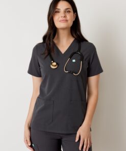 CHLOE RE-GARDE™ - CHARCOAL - Three Pockets Scrub Top - SILVADUR™