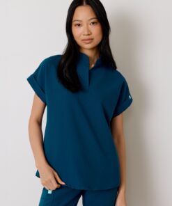 CHARLIE RE-GARDE™ - OPAL BLUE - Mandarine Collar Scrub Top - SILVADUR™