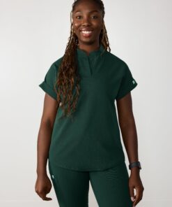 CHARLIE RE-GARDE™ - FOREST GREEN - Mandarine Collar Scrub Top - SILVADUR™
