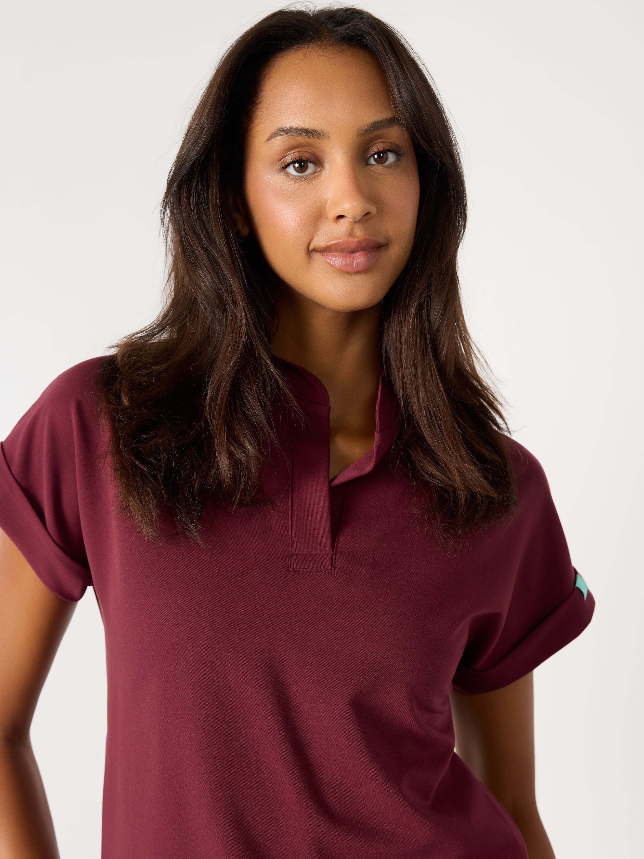 CHARLIE RE-GARDE™ - BURGUNDY - Mandarine Collar Scrub Top - SILVADUR™ - Image 3