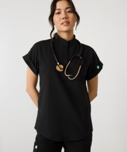 CHARLIE RE-GARDE™ - BLACK - Mandarine Collar Scrub Top - SILVADUR™