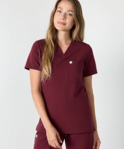 GABRIELLE RE-GARDE™ - BURGUNDY - One Pocket Scrub Top - SILVADUR™
