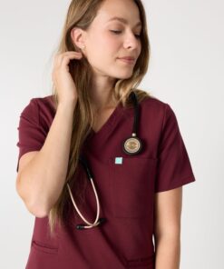 Alternative view of LIV RE-GARDE™ - BURGUNDY - Three Pockets Scrub Top - SILVADUR™