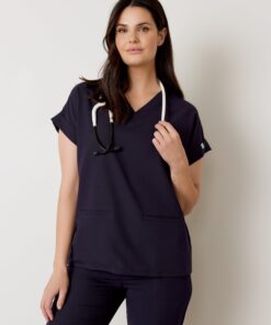 HALLI RE-GARDE™ - NAVY - Loose Fit Scrub Top - SILVADUR™ - Final Sale