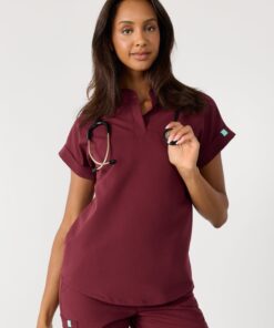 CHARLIE RE-GARDE™ - BURGUNDY - Mandarine Collar Scrub Top - SILVADUR™