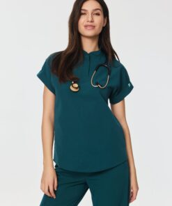 CHARLIE RE-GARDE™ - TEAL - Mandarine Collar Scrub Top - SILVADUR™