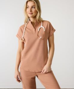 CHARLIE RE-GARDE™ - MOCHA - Mandarine Collar Scrub Top - SILVADUR™
