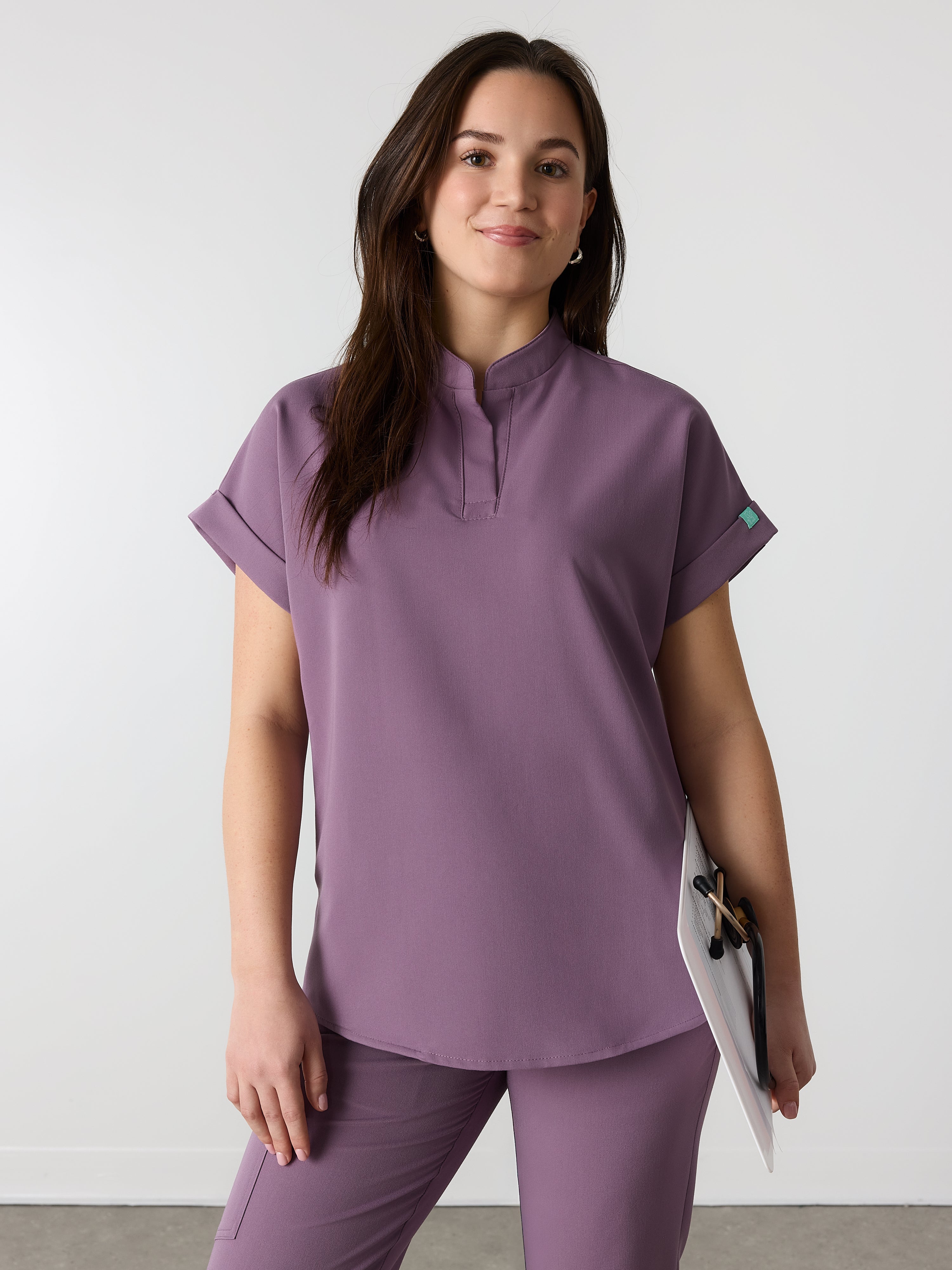 CHARLIE RE-GARDE™ - DUSTY PURPLE - Mandarine Collar Scrub Top - SILVADUR™