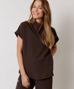 CHARLIE RE-GARDE™ - CHOCOLATE - Mandarine Collar Scrub Top - SILVADUR™
