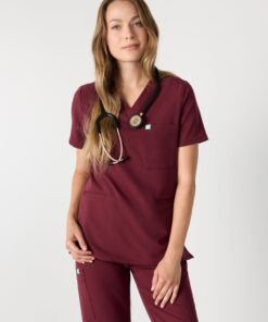 LIV RE-GARDE™ - BURGUNDY - Three Pockets Scrub Top - SILVADUR™
